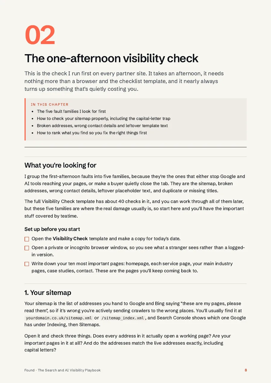 Page 8 of the playbook: the one-afternoon visibility check, starting with your sitemap.