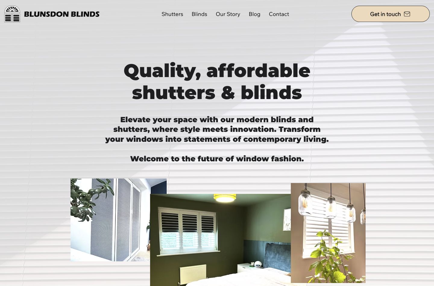 Screenshot of the Blunsdon Blinds homepage with shutters and blinds imagery and its enquiry action