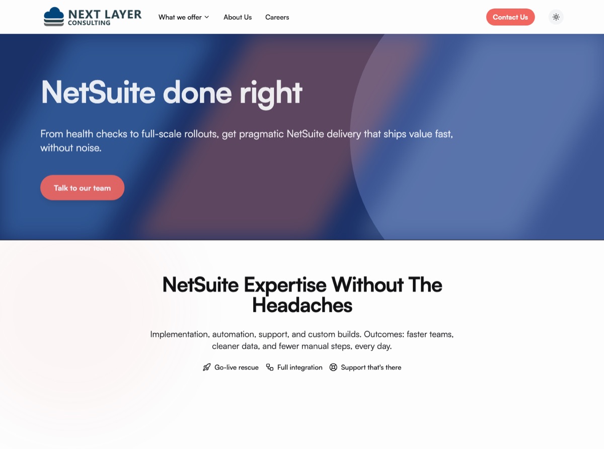 The Next Layer Consulting web development service page, live on their site