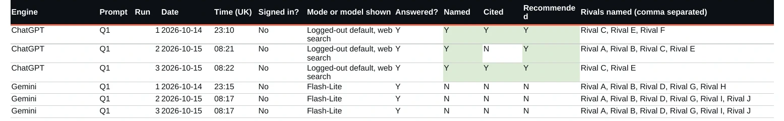 Six filled-in rows of the AI Answer Scoreboard: three ChatGPT runs that named the firm and three Gemini runs that did not, with rivals listed as Rival A to Rival J.